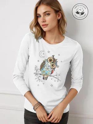 100% Cotton Owls Print Women's Casual Daily T shirt Long Sleeve Crew Neck T shirt