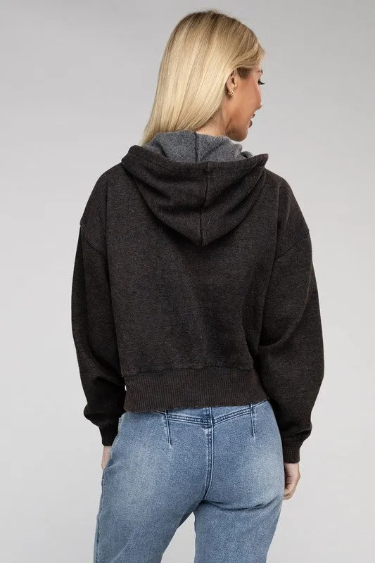 Acid Wash Fleece Cropped Zip-Up Hoodie