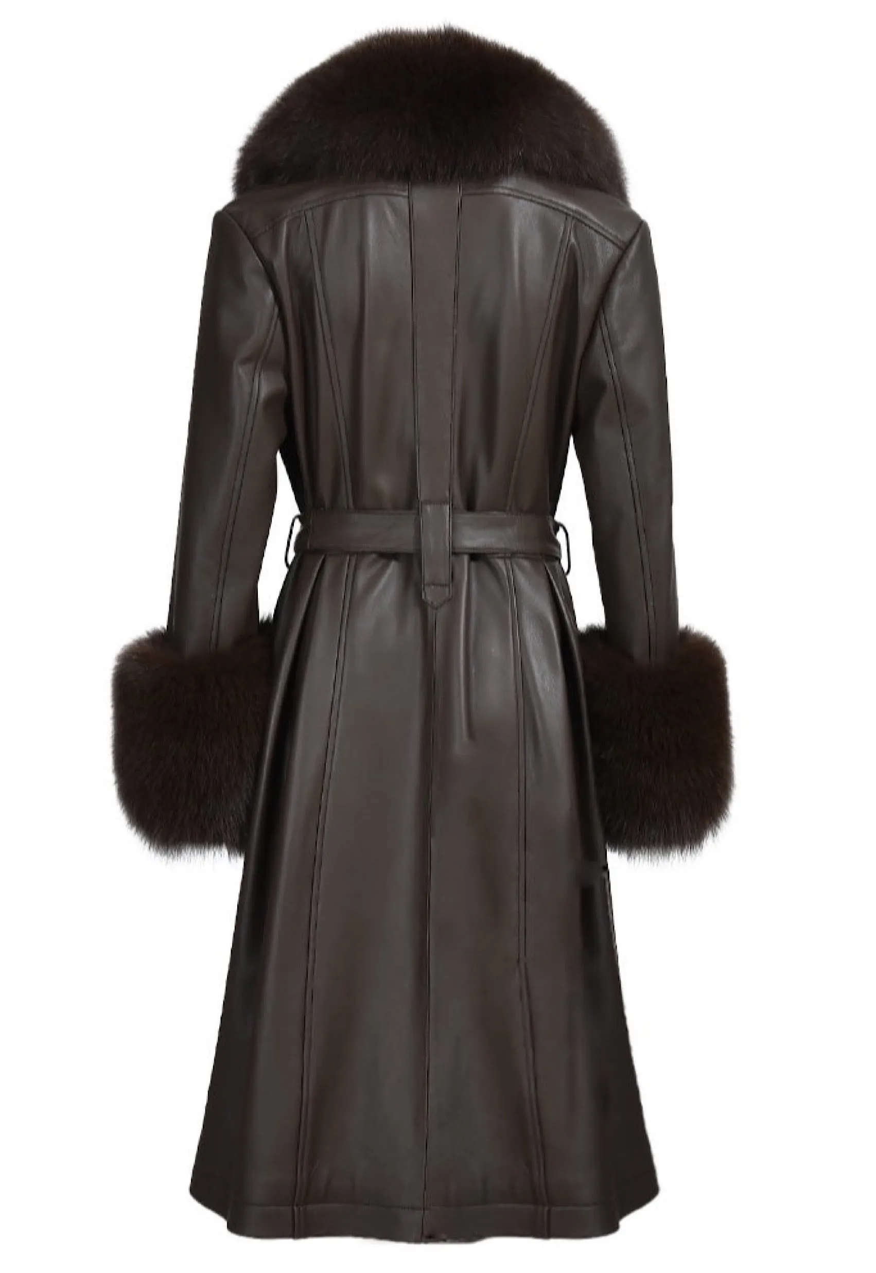 ADARA Brown Leather Trench Coat with Fox Fur