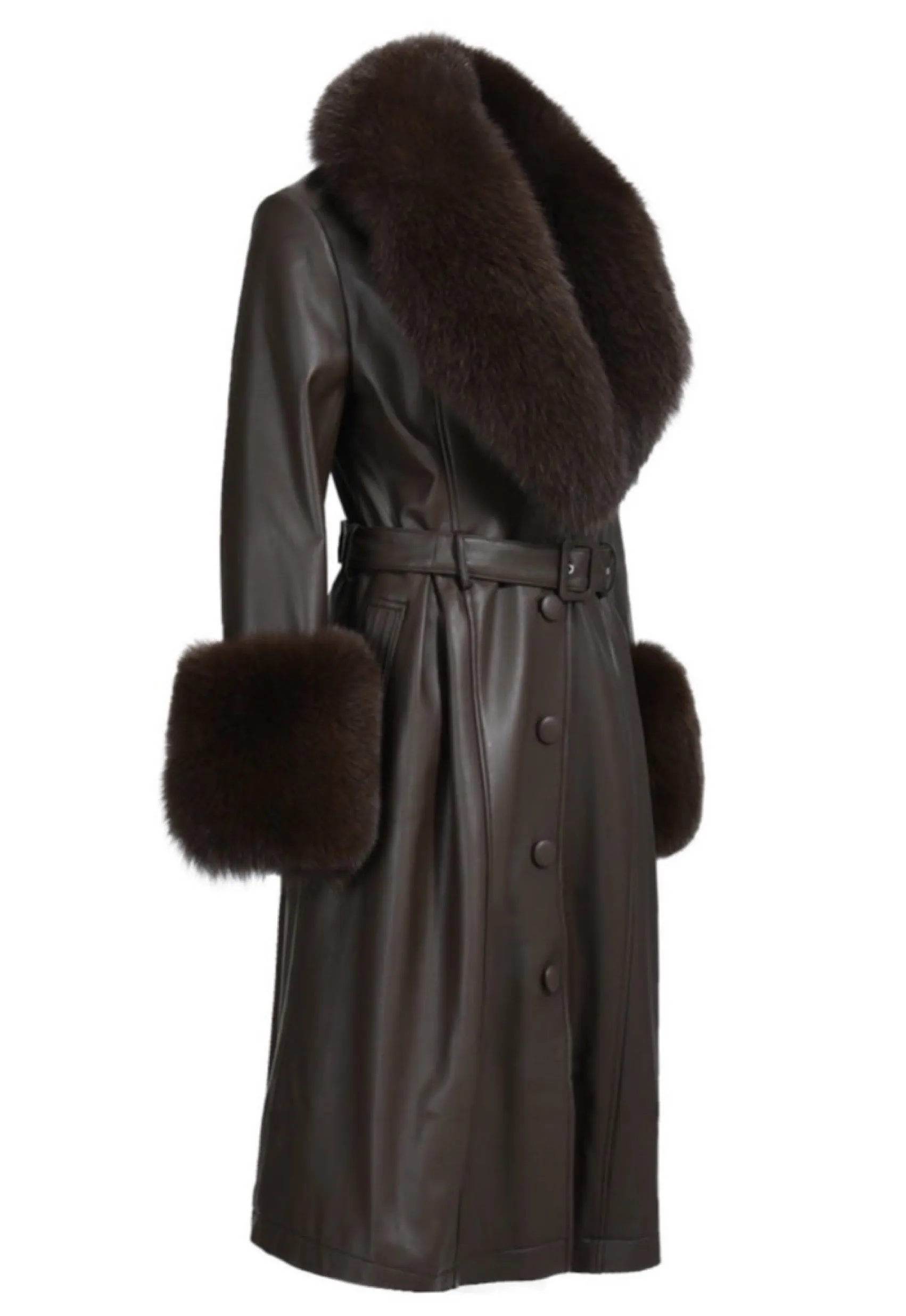 ADARA Brown Leather Trench Coat with Fox Fur