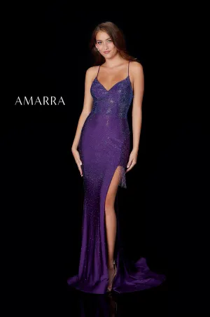 Amarra 87264 Size 0 Plum Long Fitted Side Slit Fringe Prom Dress Formal Backless Gown