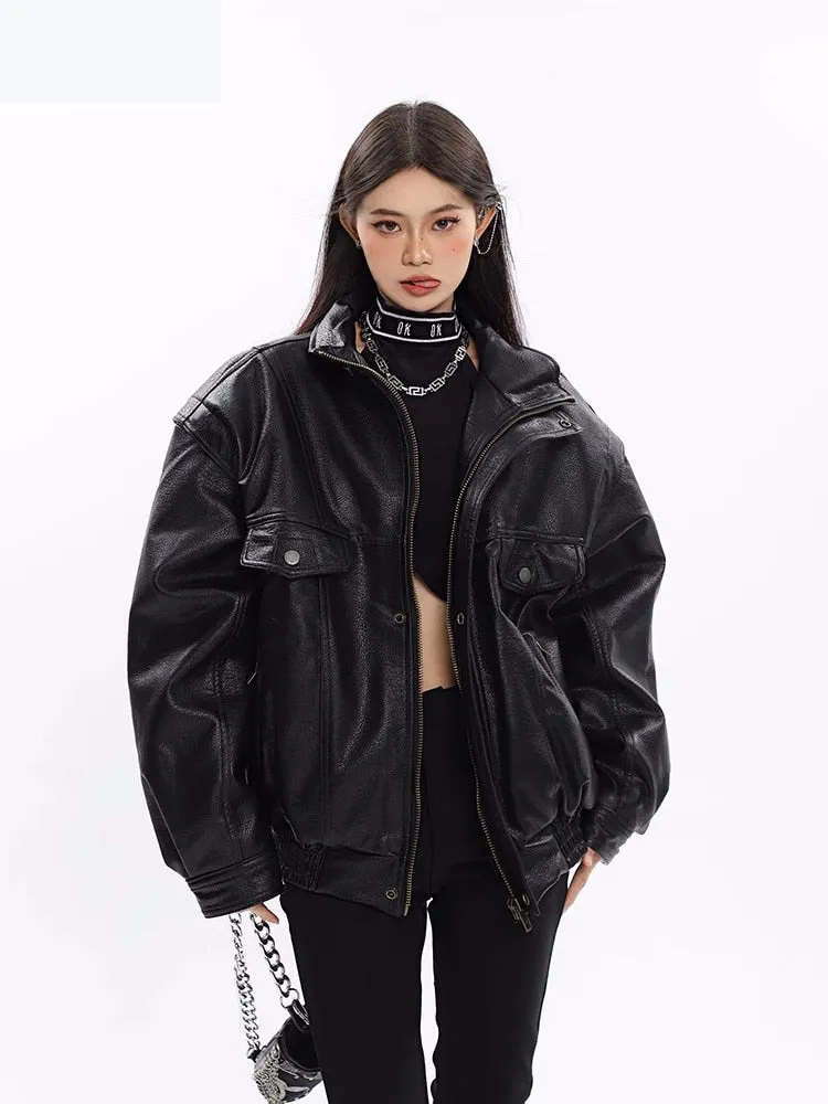 Ashore Shop Spring Autumn Oversized Cool Windproof Thick Black Pu Leather Jacket Women Zip Up Luxury Designer Unisex Clothes 2023