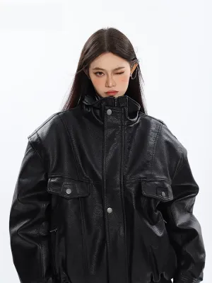 Ashore Shop Spring Autumn Oversized Cool Windproof Thick Black Pu Leather Jacket Women Zip Up Luxury Designer Unisex Clothes 2023