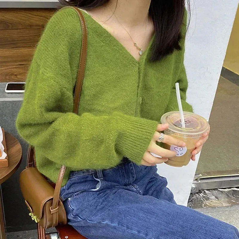 Autumn Fashion V-neck Knitted Cardigan Women Green Long Sleeve Single Breasted Sweaters Casual Knitwear Mujer