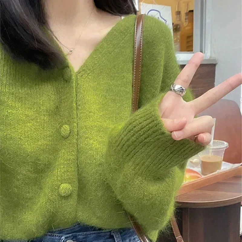 Autumn Fashion V-neck Knitted Cardigan Women Green Long Sleeve Single Breasted Sweaters Casual Knitwear Mujer