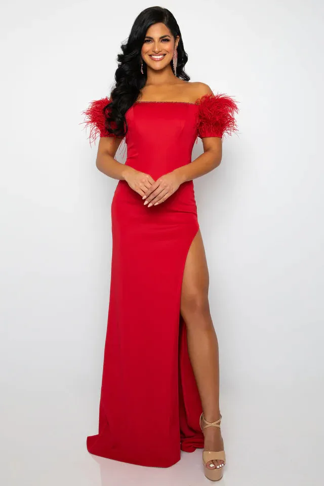 Ava Presley 39268 Long Prom Dress Fitted Straight Neckline Feathers Off Shoulder Maxi Slit Formal Pageant Gown