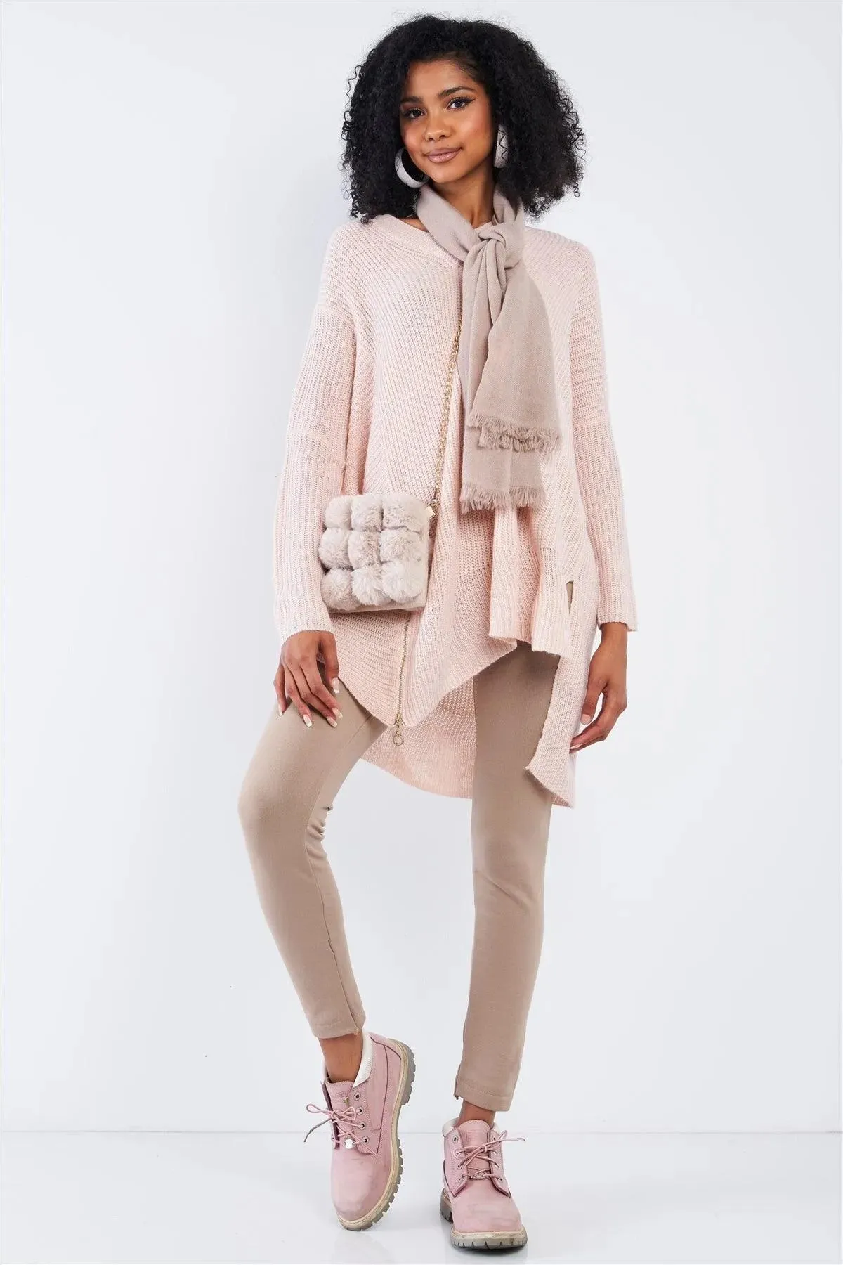 Baby Soft Pink V-Neck Asymmetrical Oversized Long Sleeve Gold Zipper