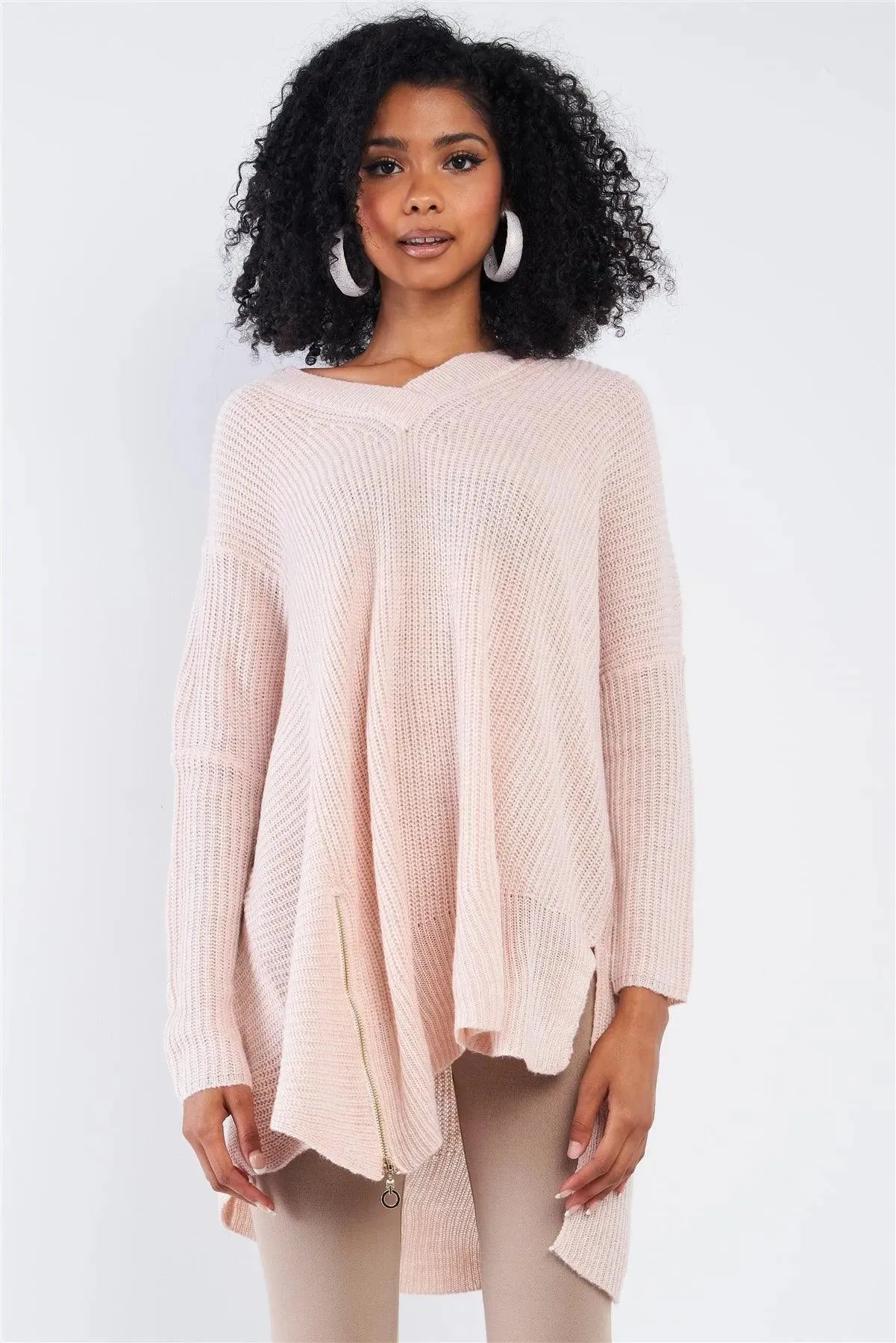 Baby Soft Pink V-Neck Asymmetrical Oversized Long Sleeve Gold Zipper