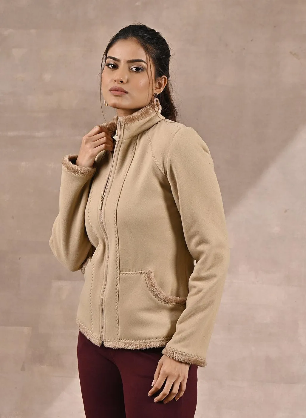 Beige High-neck Jacket with Fur Details