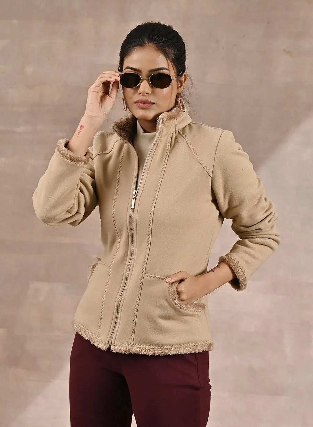 Beige High-neck Jacket with Fur Details