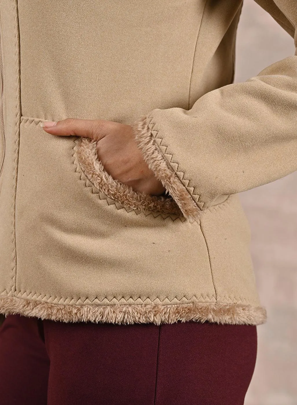 Beige High-neck Jacket with Fur Details