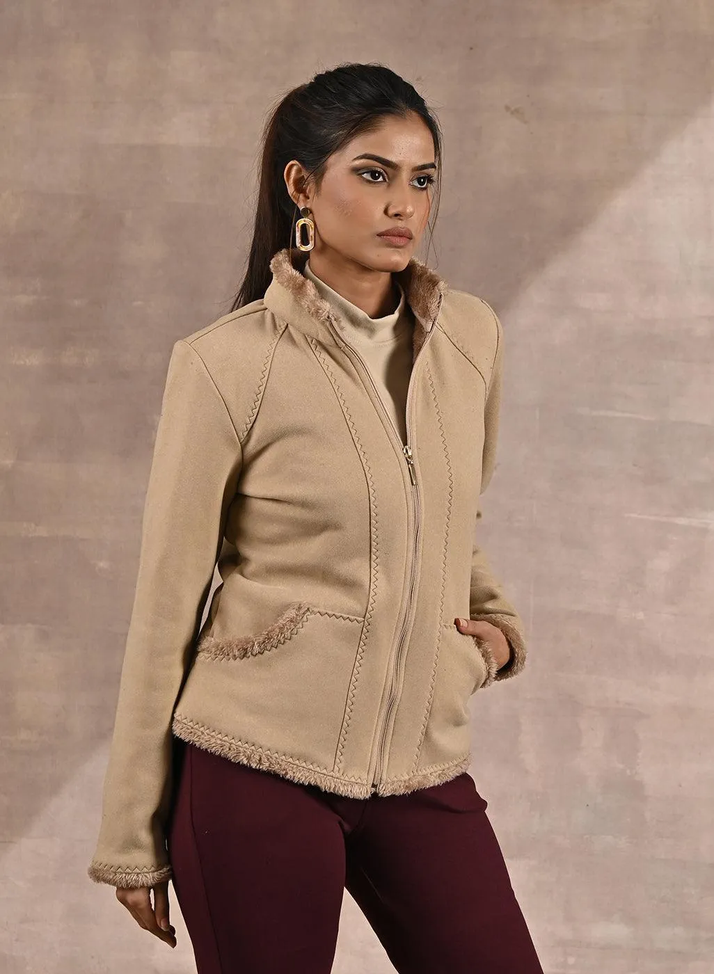 Beige High-neck Jacket with Fur Details