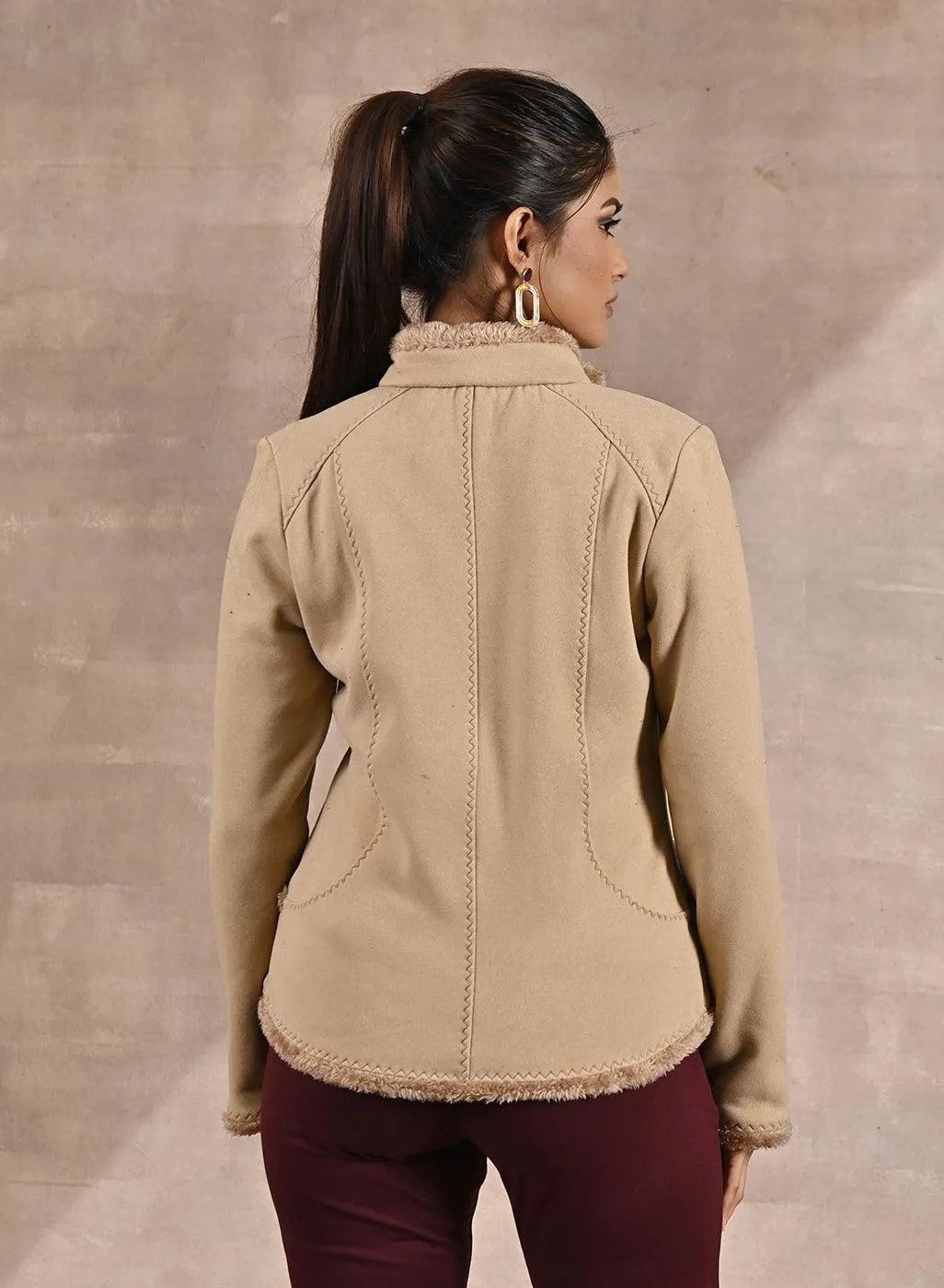 Beige High-neck Jacket with Fur Details