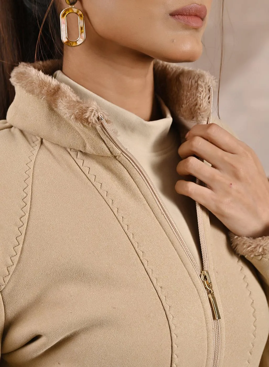 Beige High-neck Jacket with Fur Details