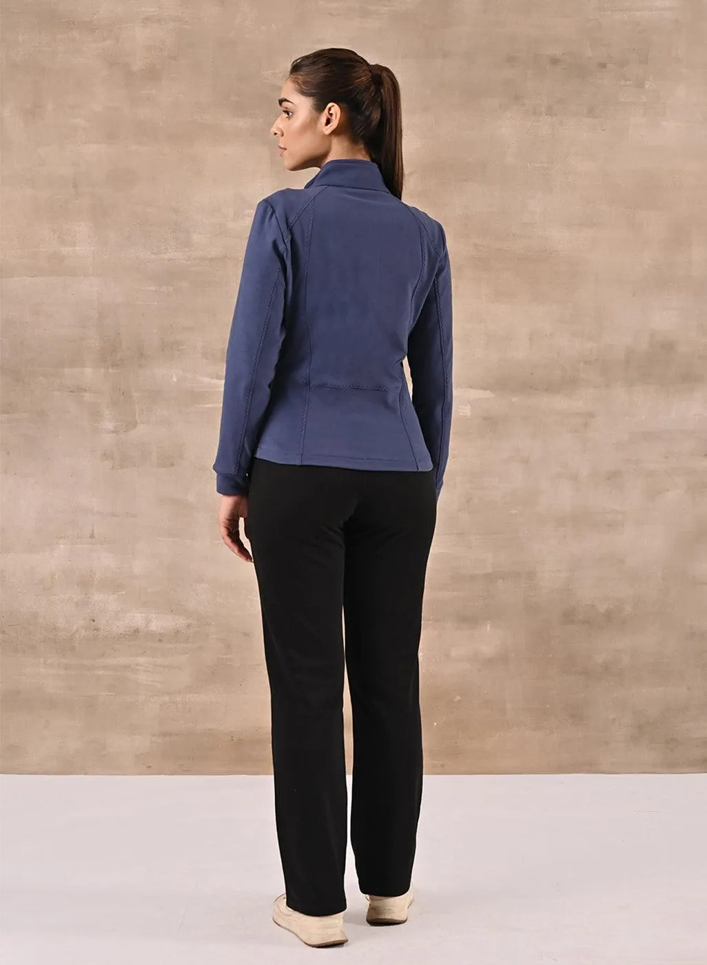 Blue Woolen High Neck Jacket with Zip Front