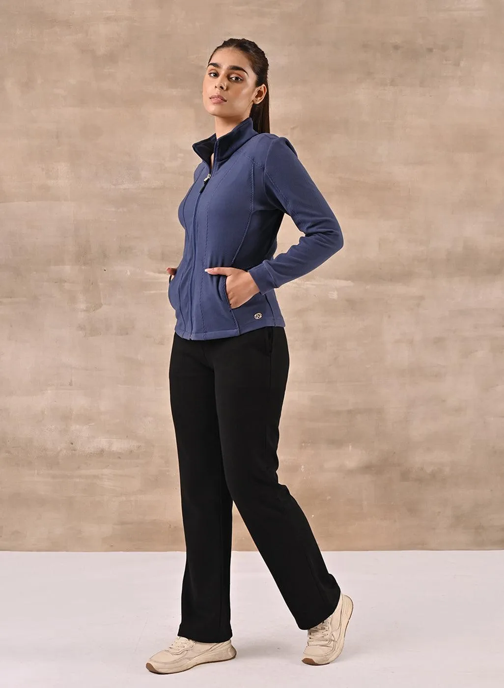 Blue Woolen High Neck Jacket with Zip Front