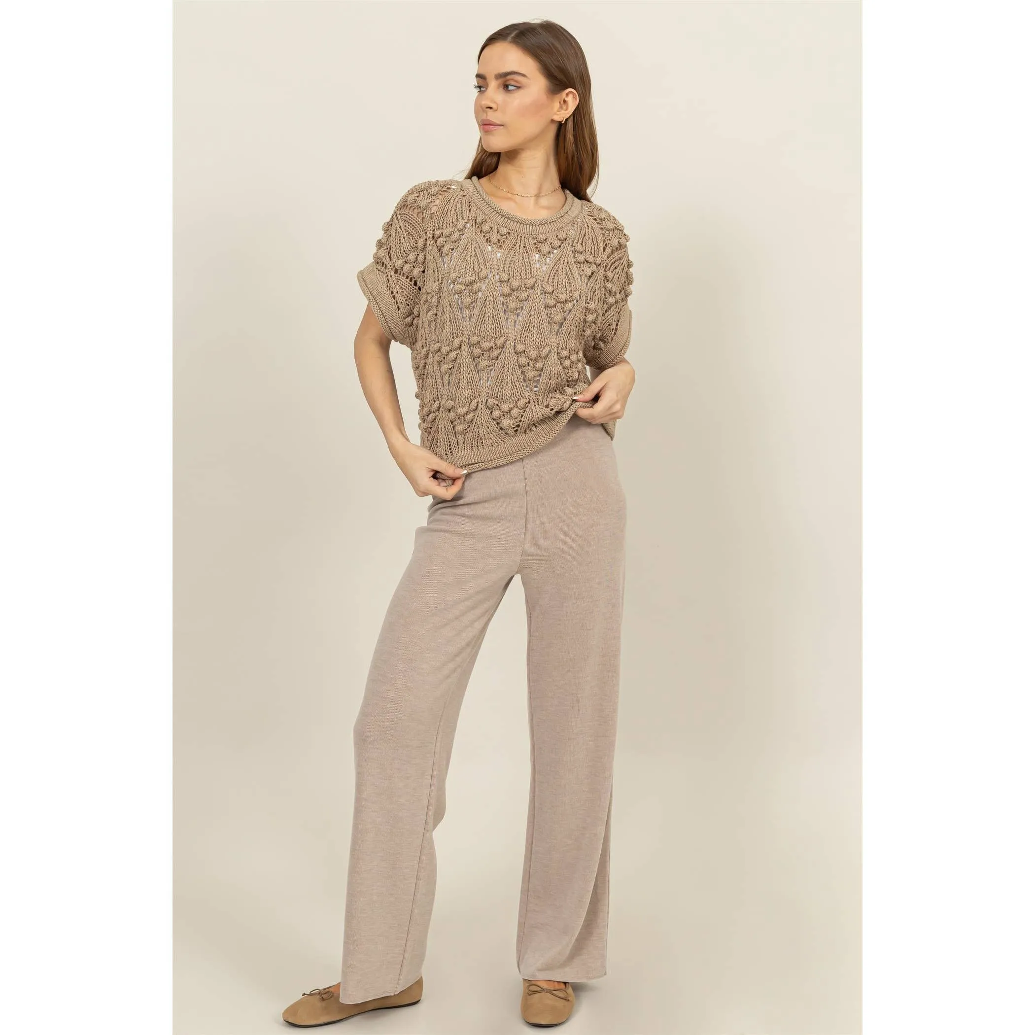 Camel Relaxed Rib Knit Wide Leg Pants