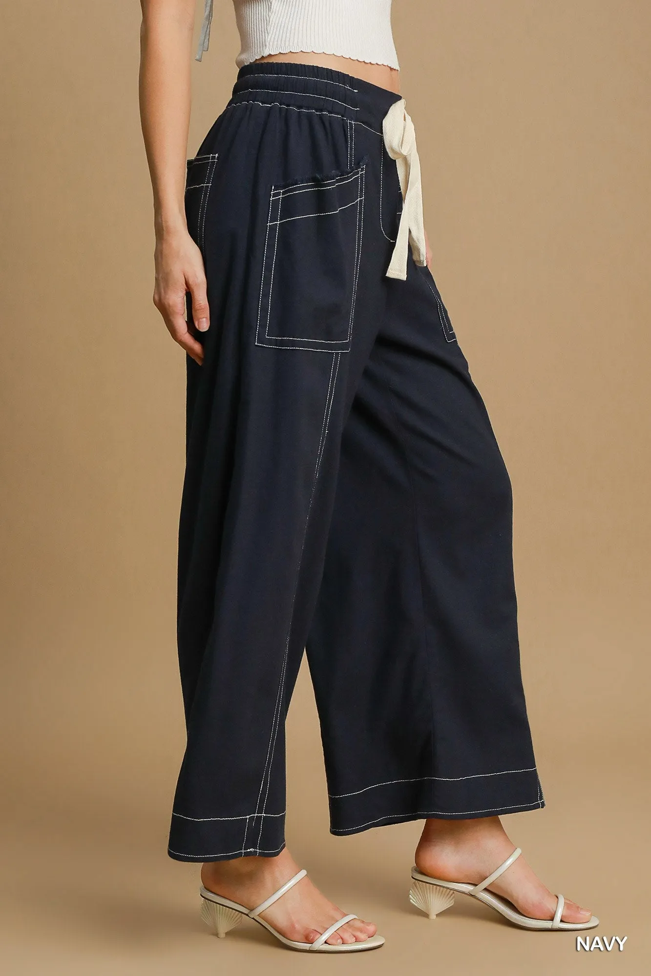 Casual Wide Leg Pull On Pants with 4 Pockets