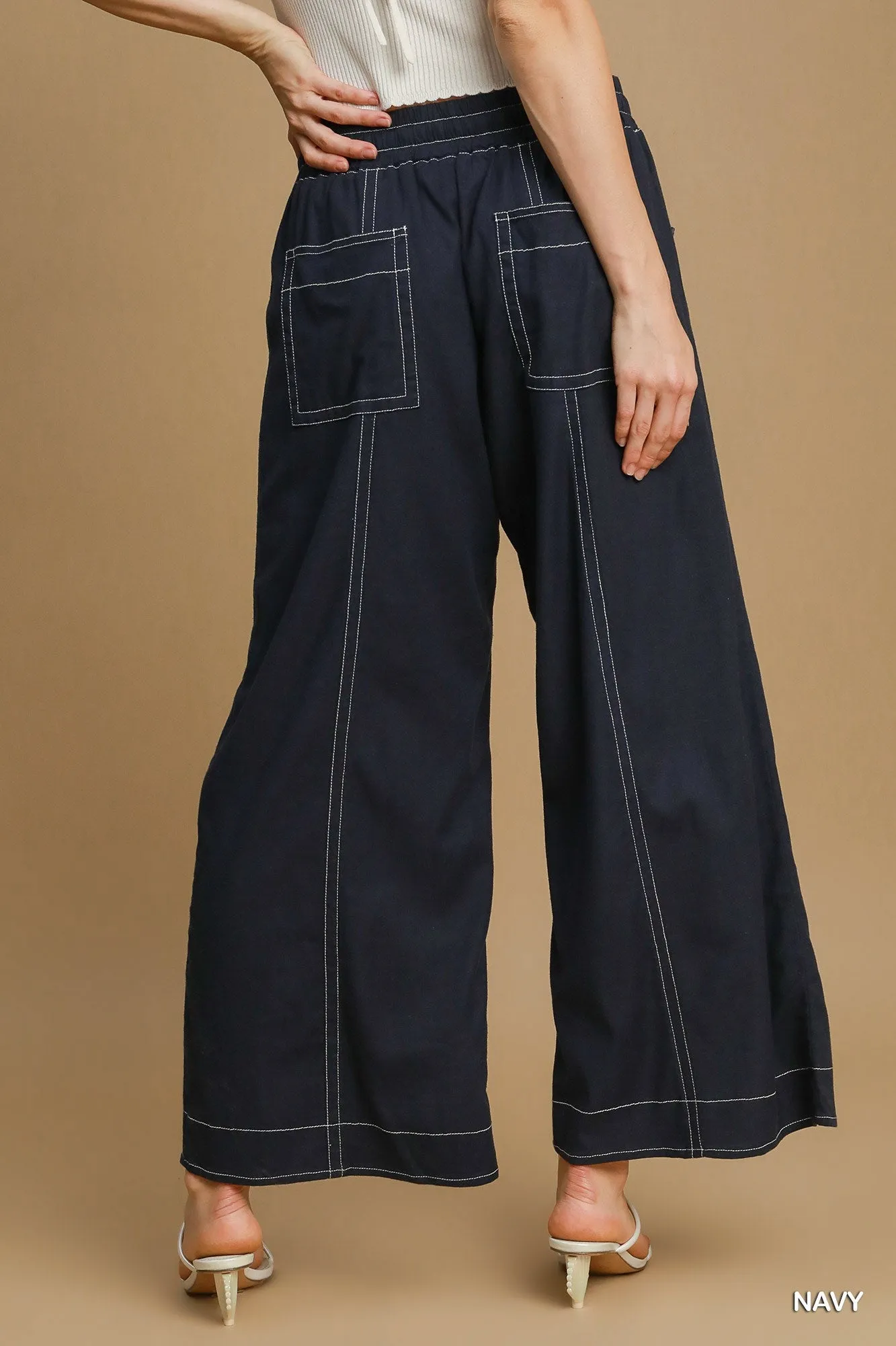 Casual Wide Leg Pull On Pants with 4 Pockets