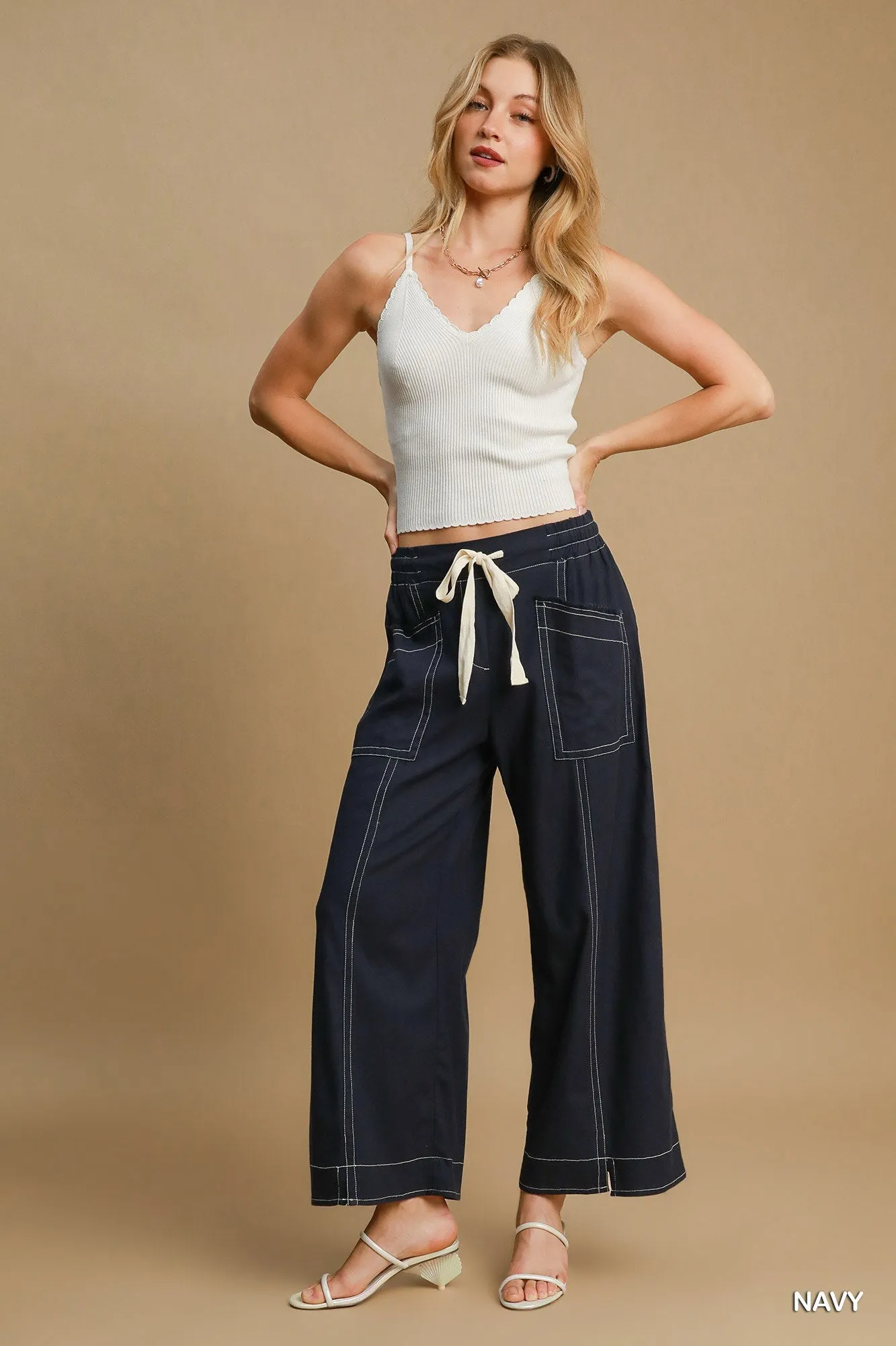 Casual Wide Leg Pull On Pants with 4 Pockets