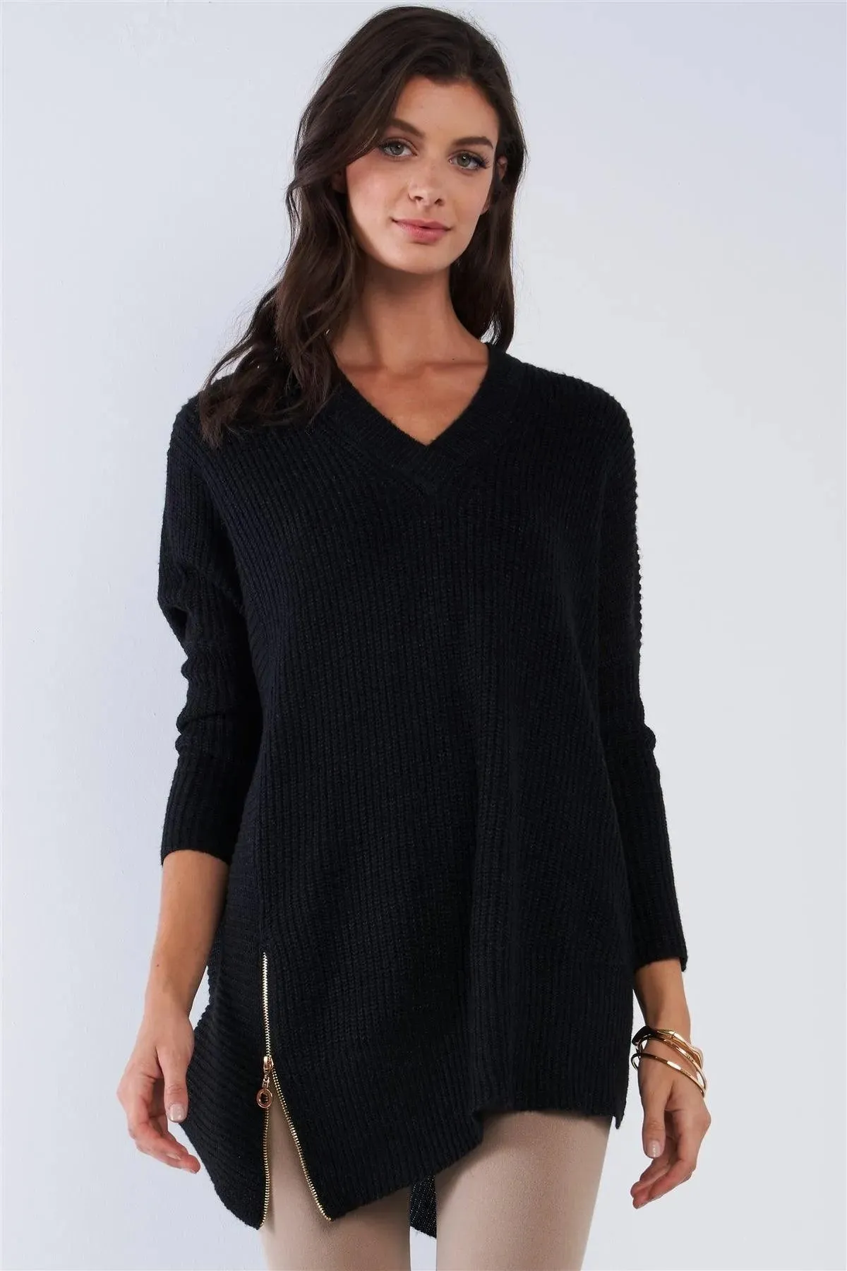 Charcoal Black V-Neck Asymmetrical Oversized Long Sleeve Gold Zipper Sweater /4-2