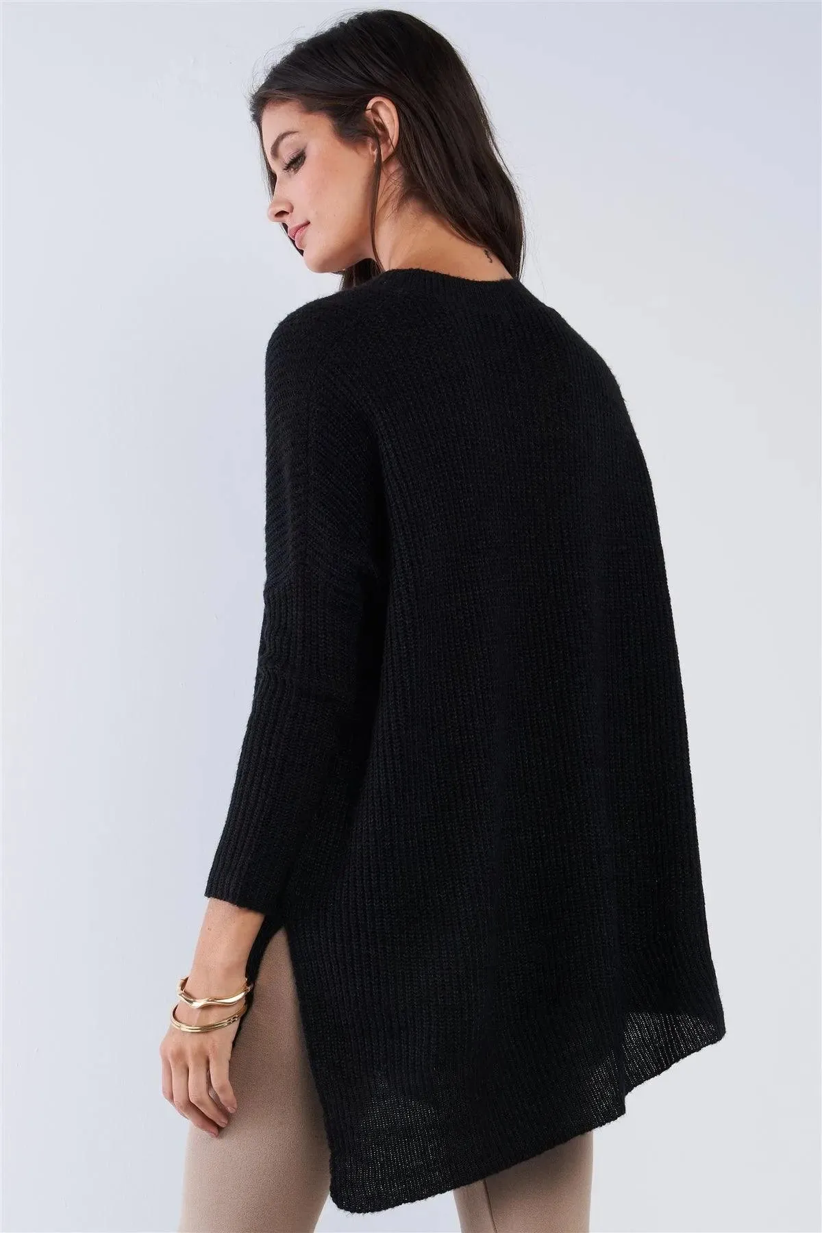 Charcoal Black V-Neck Asymmetrical Oversized Long Sleeve Gold Zipper Sweater /5