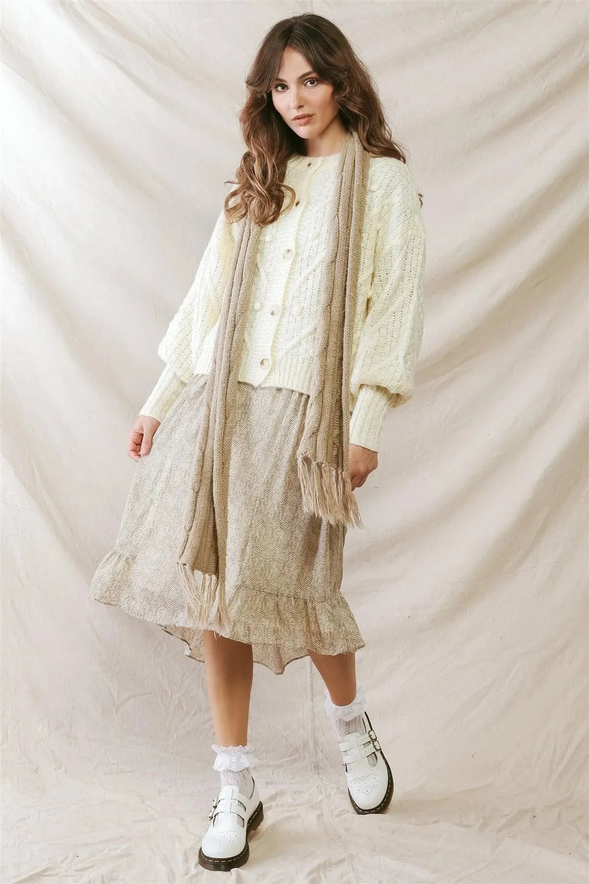 Cream Knit Button-Up Long Sleeve Sweater Cardigan /2-2-2