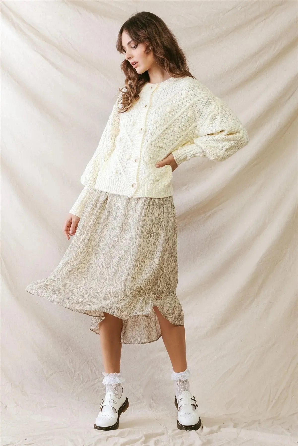 Cream Knit Button-Up Long Sleeve Sweater Cardigan /2-2-2