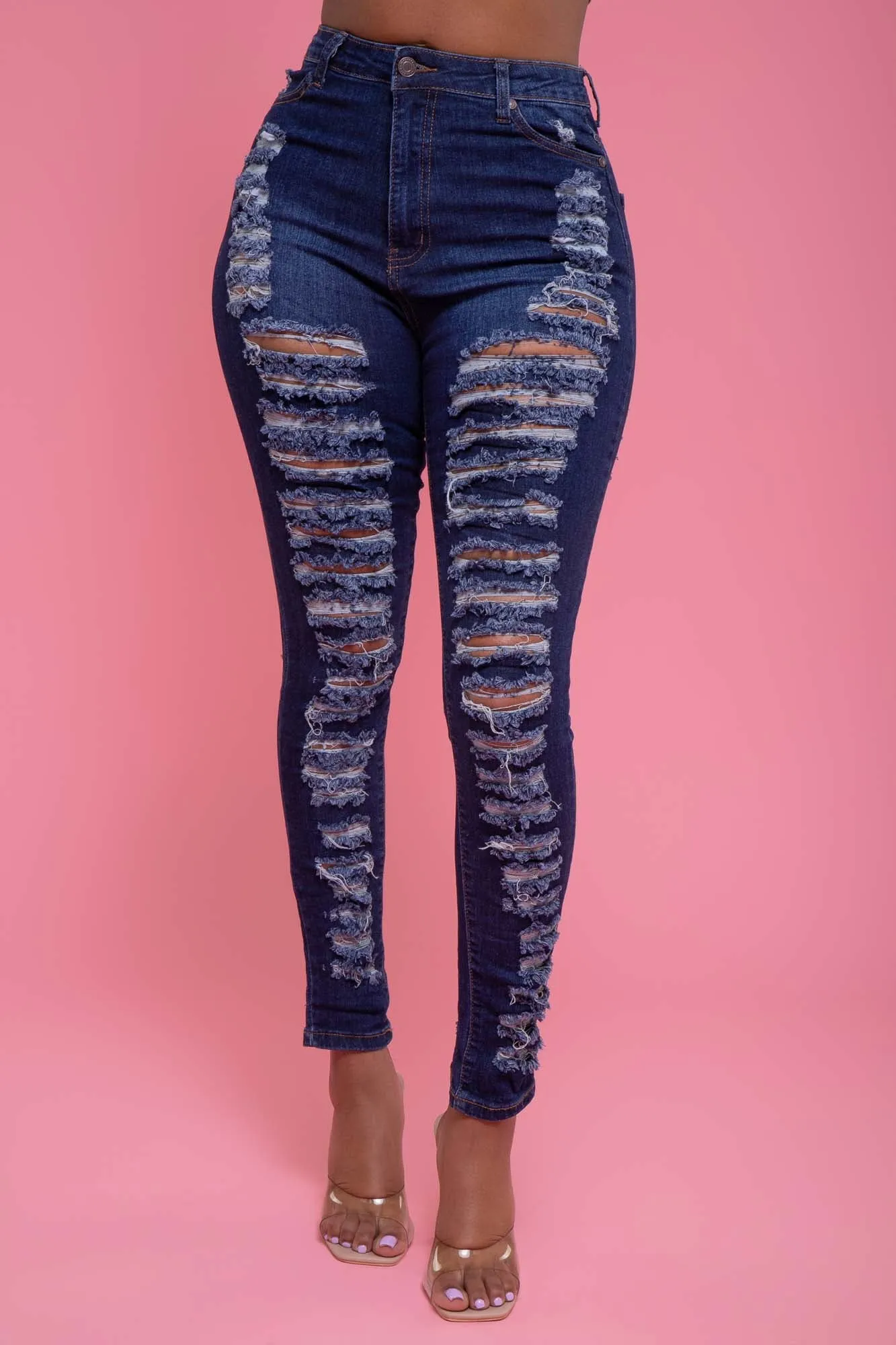 Down For You Hourglass High Rise Distressed Stretchy Jeans - Dark Wash