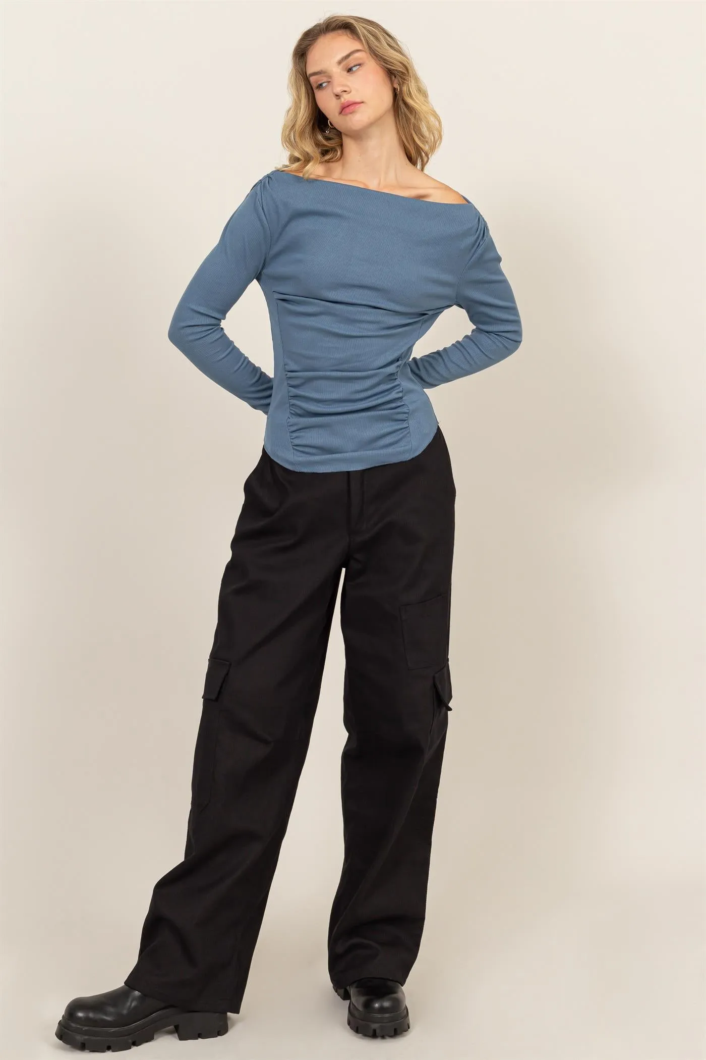 DZ24E575-ELASTIC WAIST WIDE-LEG CARGO PANTS