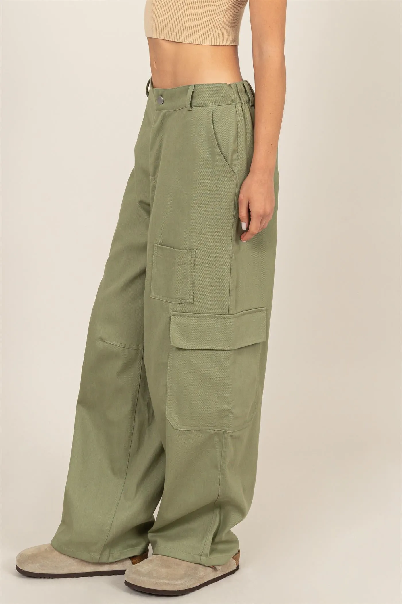 DZ24E575-ELASTIC WAIST WIDE-LEG CARGO PANTS