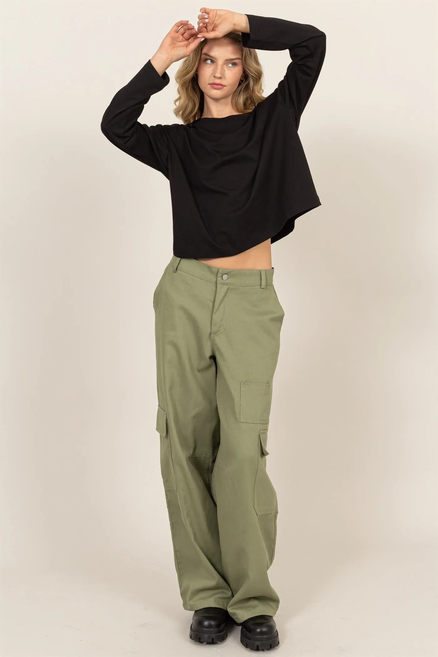 DZ24E575-ELASTIC WAIST WIDE-LEG CARGO PANTS