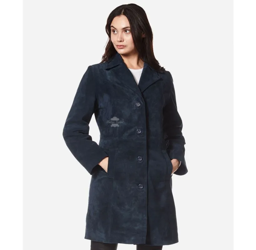 ELEGANT WOMEN'S TRENCH COAT CLASSIC SUEDE LEATHER Knee Length COAT