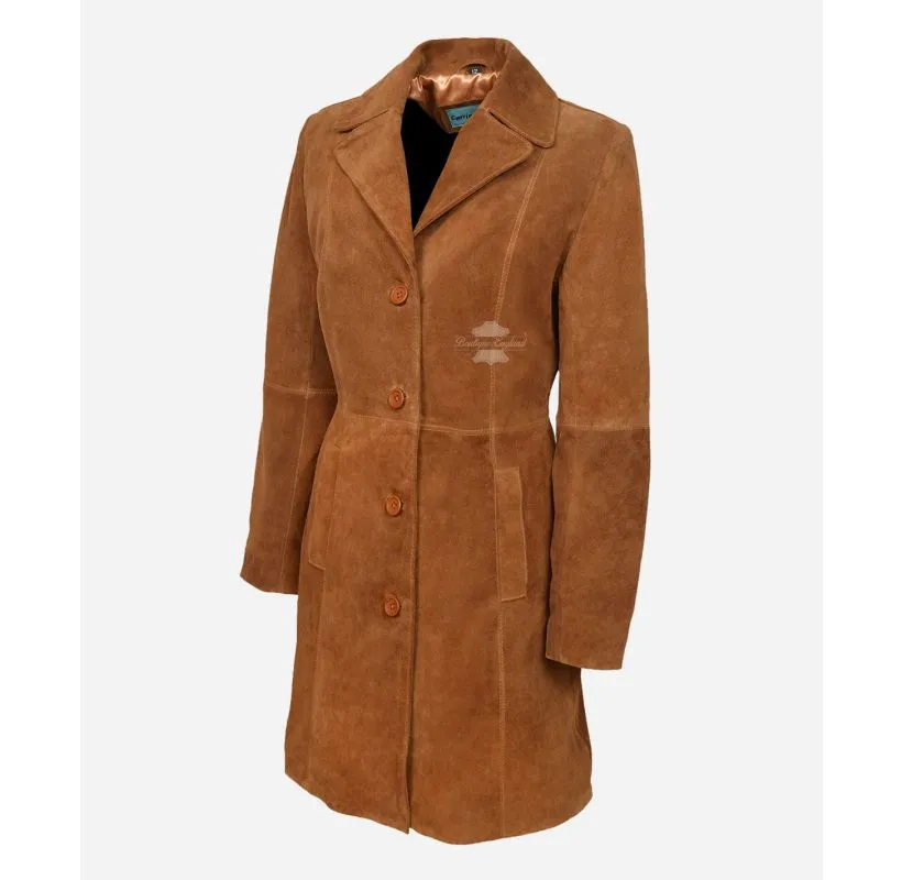 ELEGANT WOMEN'S TRENCH COAT CLASSIC SUEDE LEATHER Knee Length COAT