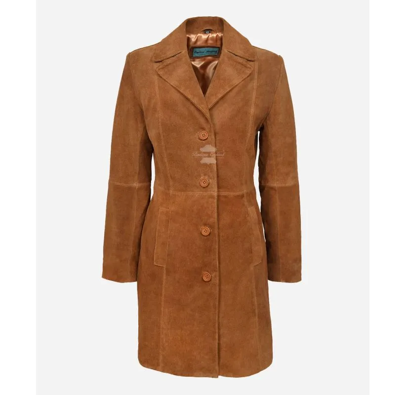 ELEGANT WOMEN'S TRENCH COAT CLASSIC SUEDE LEATHER Knee Length COAT