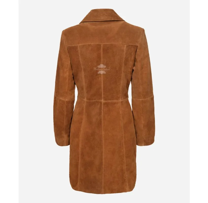 ELEGANT WOMEN'S TRENCH COAT CLASSIC SUEDE LEATHER Knee Length COAT