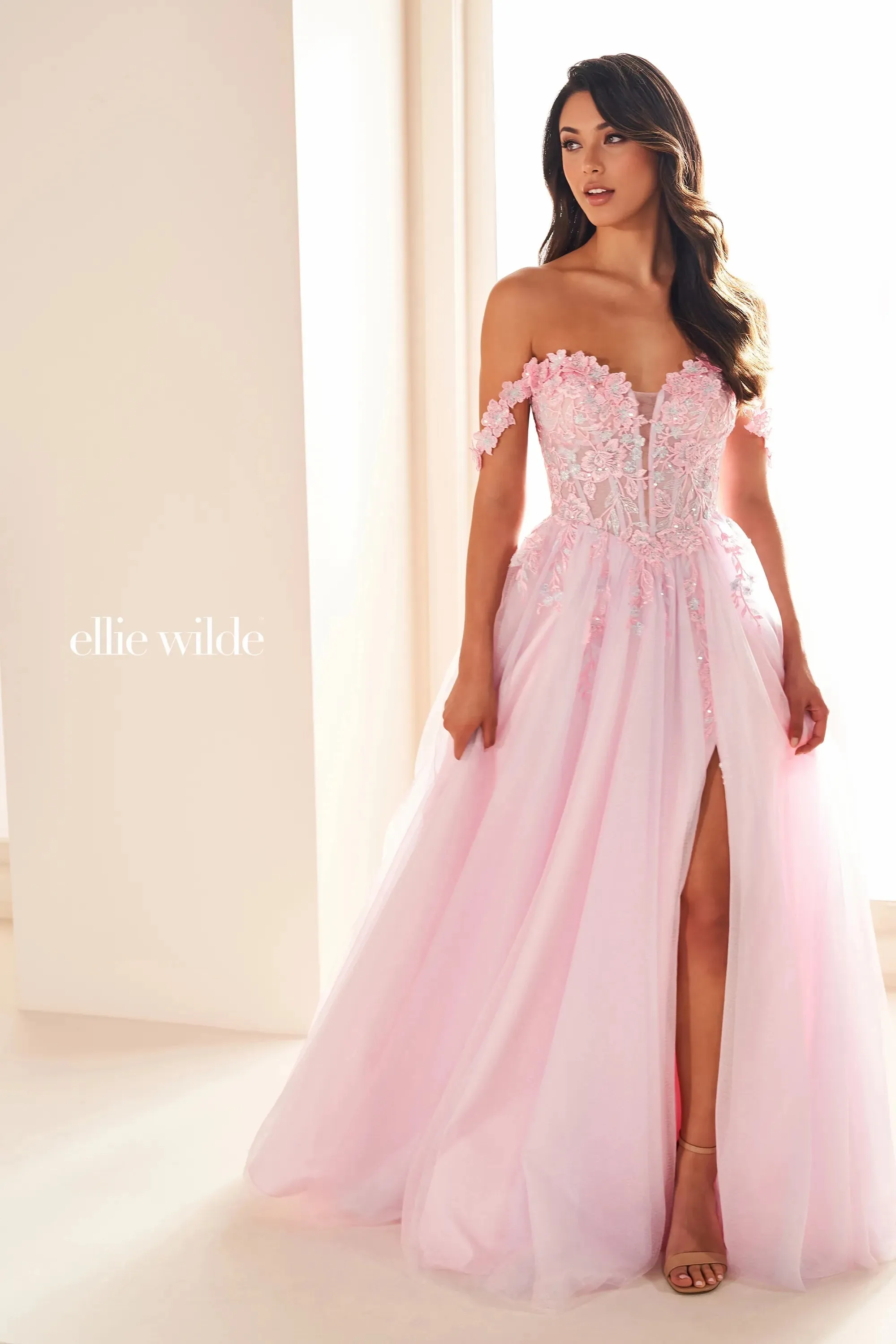 Ellie Wilde EW36214 Long Maxi Slit Prom Dress Sheer Laced Corset off the shoulder Formal Gown