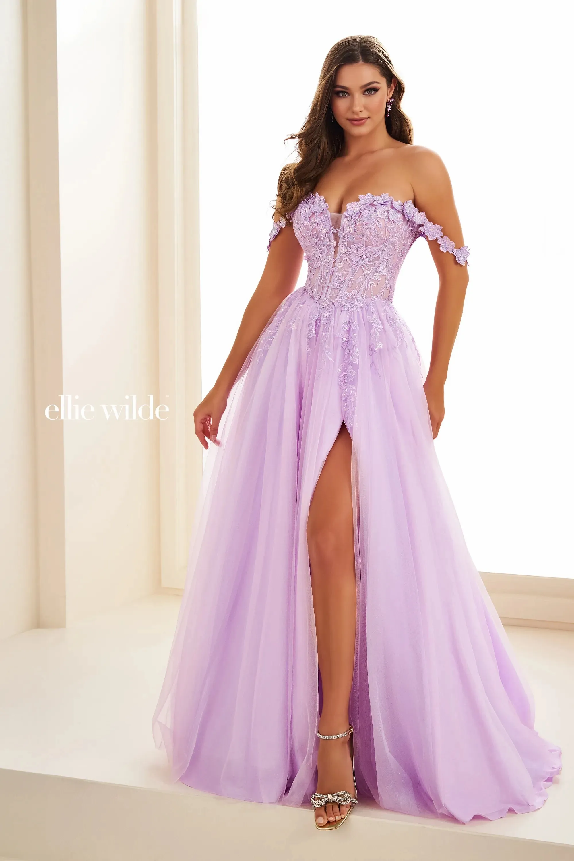 Ellie Wilde EW36214 Long Maxi Slit Prom Dress Sheer Laced Corset off the shoulder Formal Gown