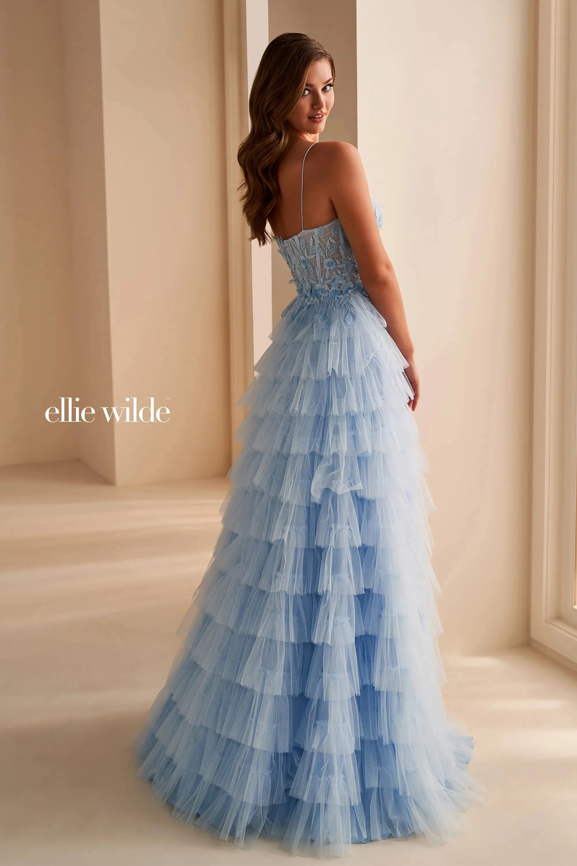 Ellie Wilde EW36223 Size 00 Blue Long Layer Tulle Prom Dress Sheer Lace Corset Maxi Slit Formal Gown