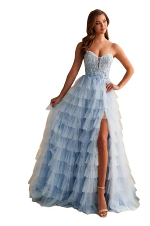 Ellie Wilde EW36223 Size 00 Blue Long Layer Tulle Prom Dress Sheer Lace Corset Maxi Slit Formal Gown