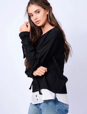 Fenman Layered Sweatshirt with Tie Sleeves in Jet Black - Amara Reya