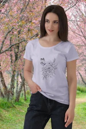 Floral Butterfly Tattoo Printed Scoop Neck T-shirt for women