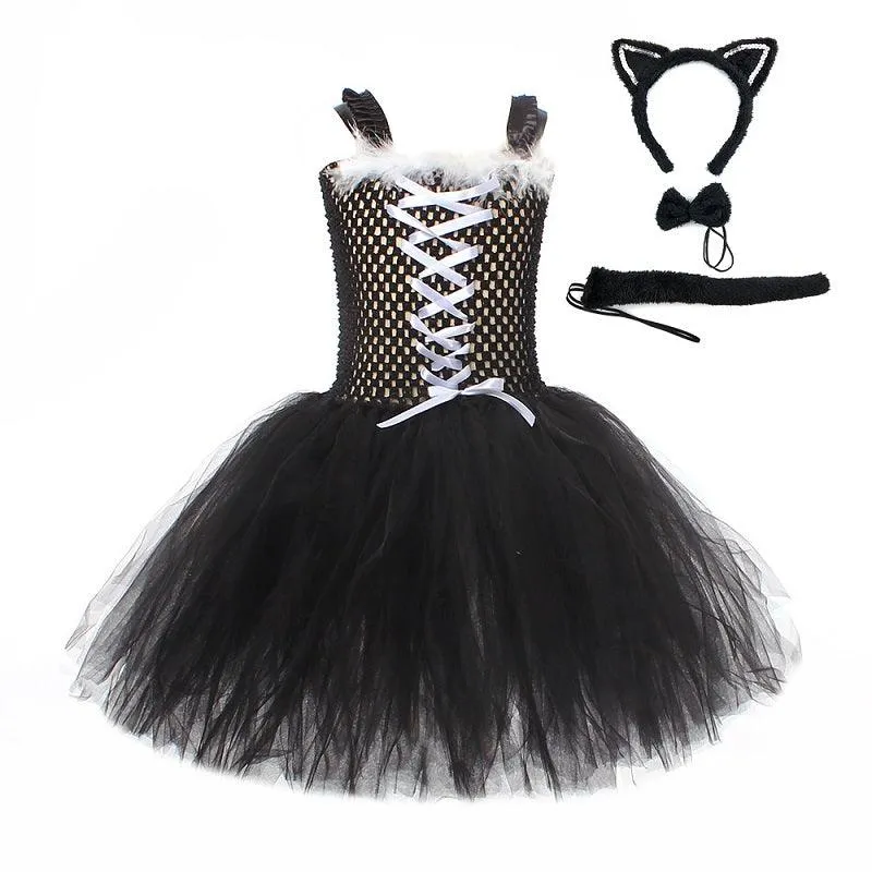 Girls' Halloween cat cosplay costumes Girl's Feather Strap Mesh Skirt Carnival Birthday Banquet Halloween Stage Performance Dress