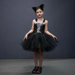 Girls' Halloween cat cosplay costumes Girl's Feather Strap Mesh Skirt Carnival Birthday Banquet Halloween Stage Performance Dress