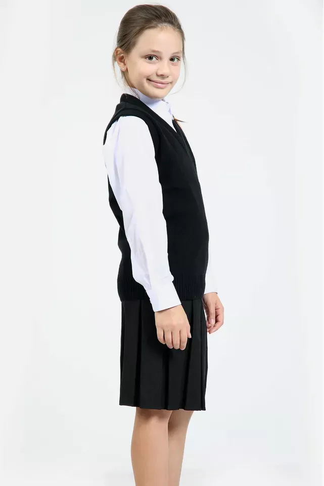 Girls Knitted Tank Top V Neck Sleeveless Jumper School Uniform Smart Comfortable - Black