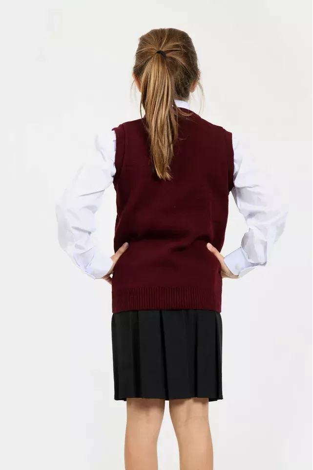 Girls Knitted Tank Top V Neck Sleeveless Jumper School Uniform Smart Comfortable- Wine