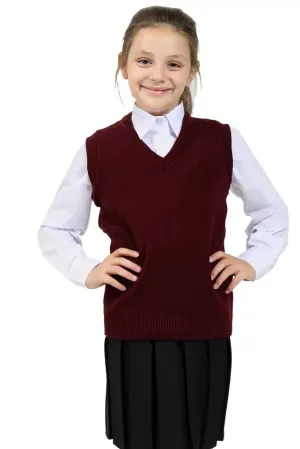 Girls Knitted Tank Top V Neck Sleeveless Jumper School Uniform Smart Comfortable- Wine