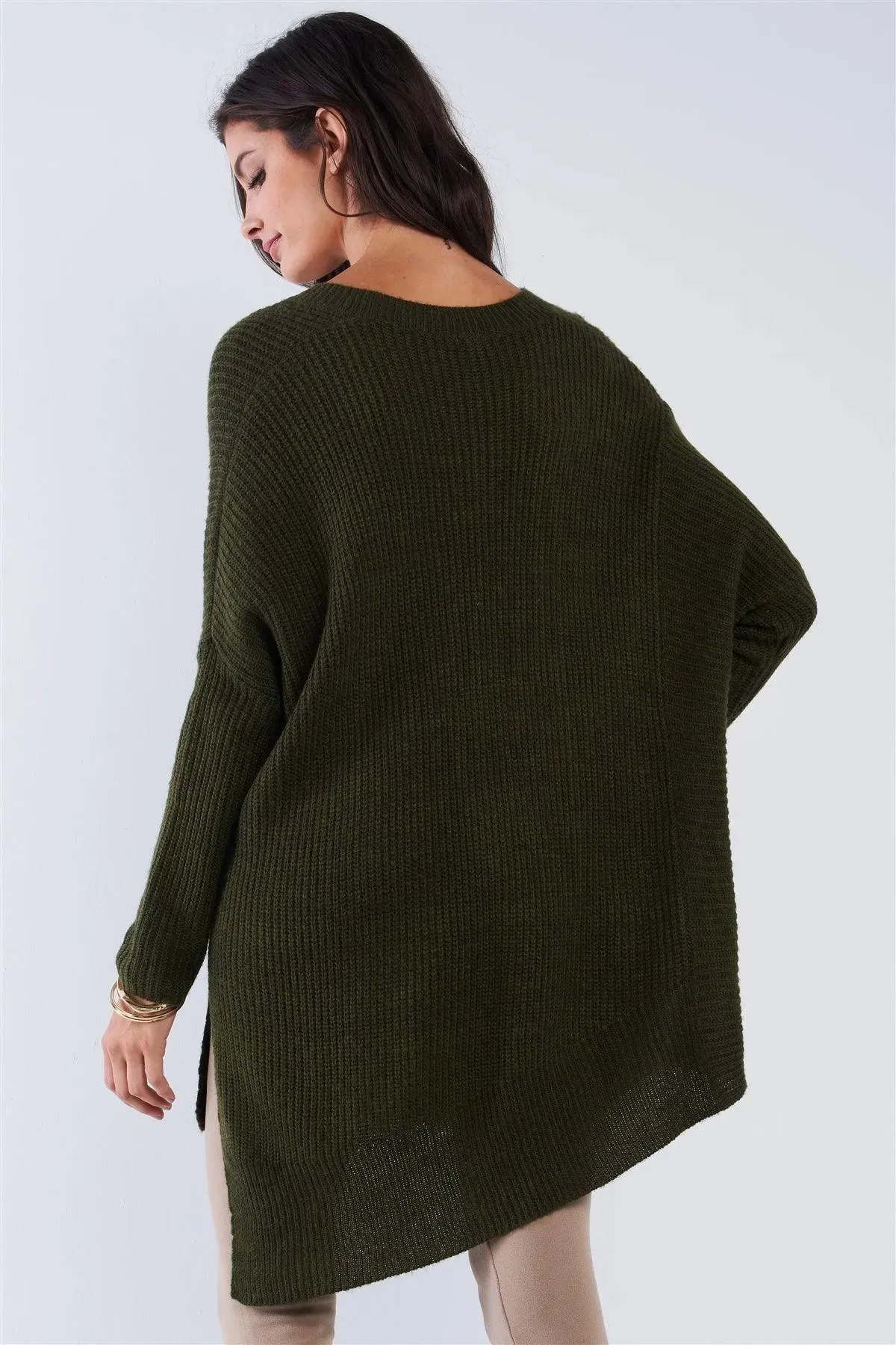 Green V-Neck Oversized Long Sleeve Gold Zipper Knit Top