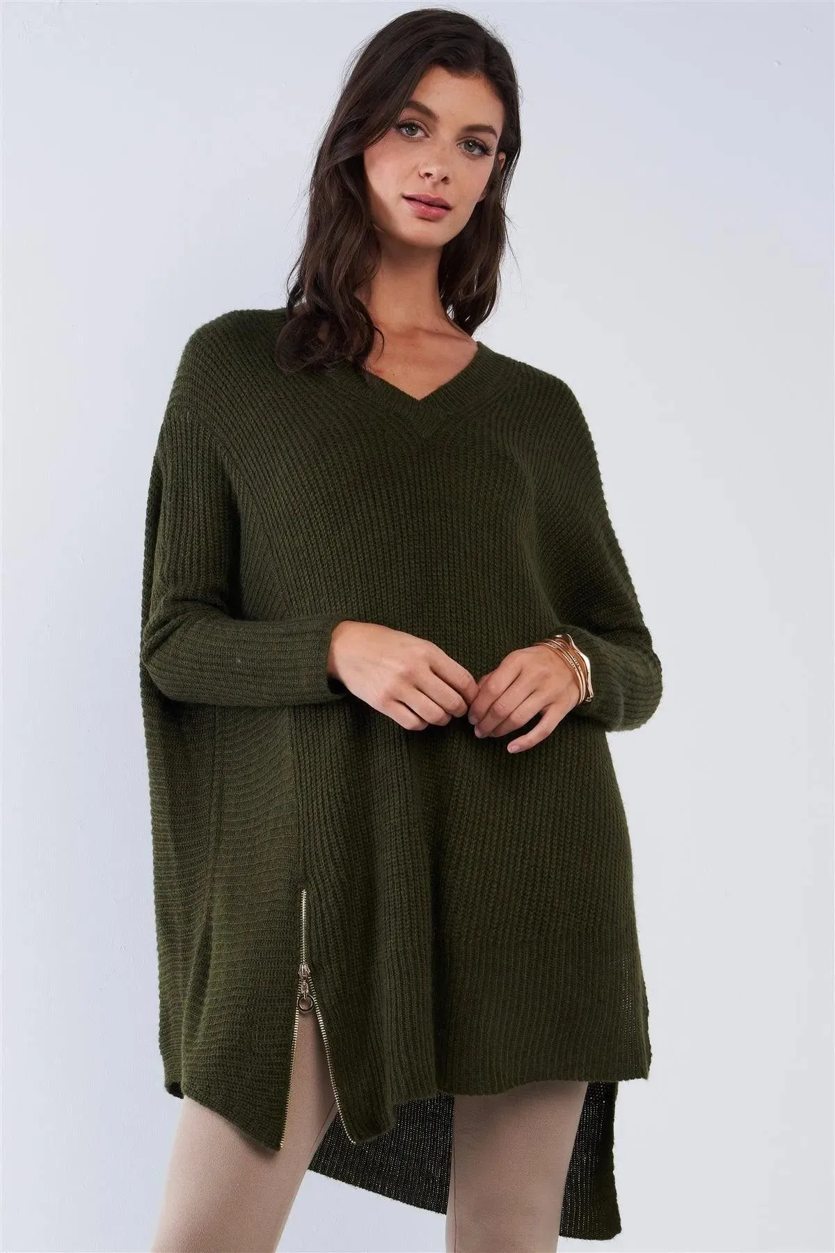 Green V-Neck Oversized Long Sleeve Gold Zipper Knit Top