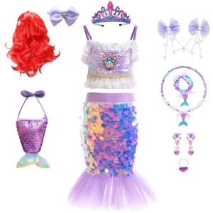 Halloween cosplay costumes Mermaid Princess Dress Set Halloween cosplay costumes Girls' noble and elegant princess dress with sequin suspenders Carnival birthday party stage performance dress